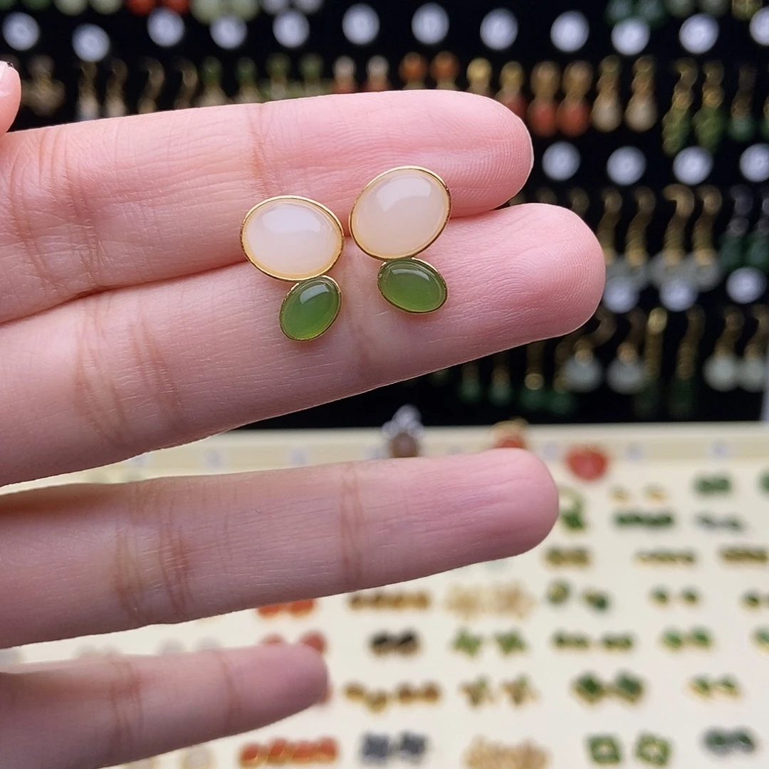 和田玉银S925镀金镶嵌耳饰