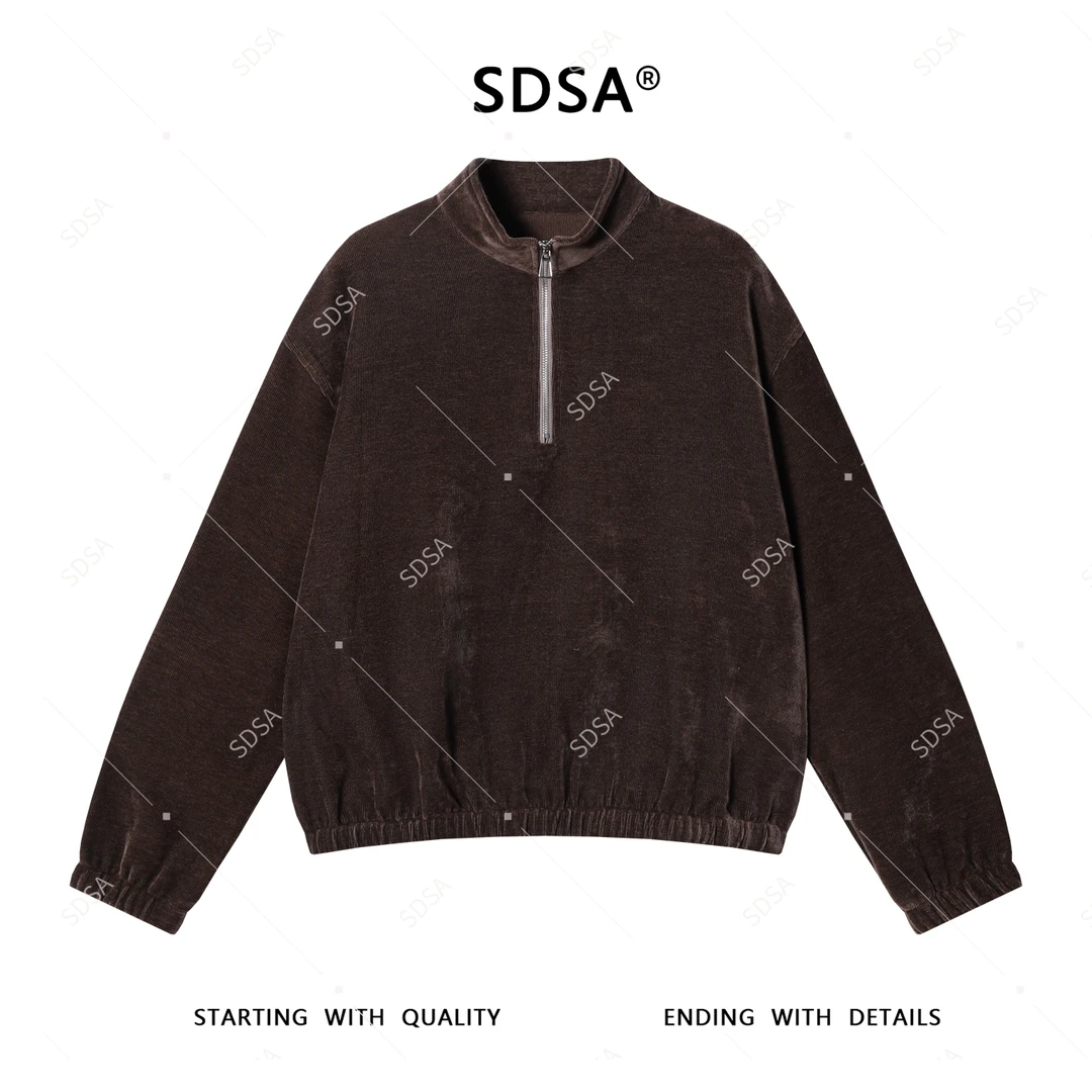 SDSA男士秋冬新款轻奢痞帅男装老钱风绒面半拉链立领卫衣百搭时尚