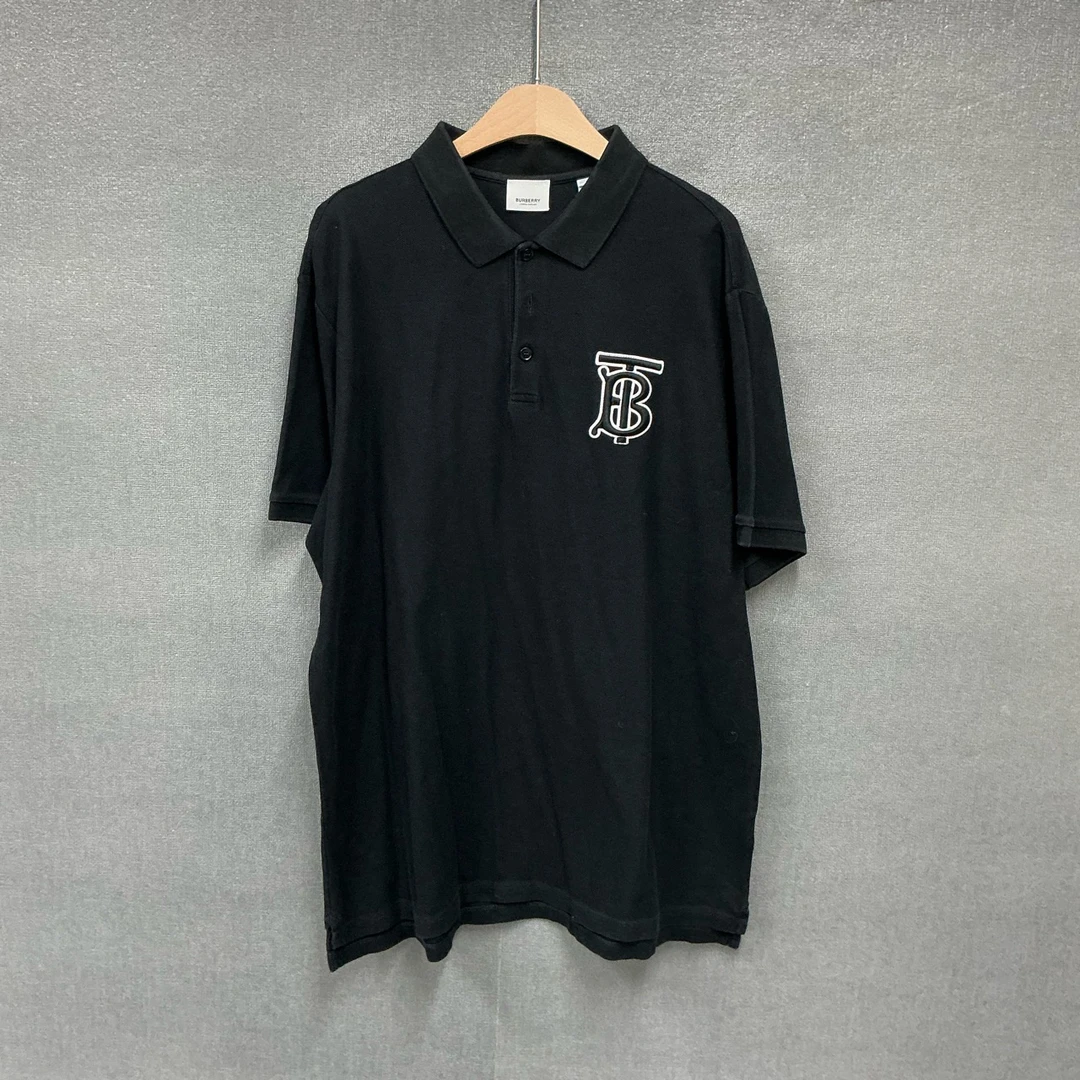95新 BURBERRY/博柏利 刺绣logo黑色Polo衫短袖XL码