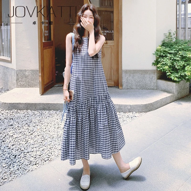 Jovkatti2025新款夏季温柔风日系百搭松弛感连衣裙女复古格子拼接