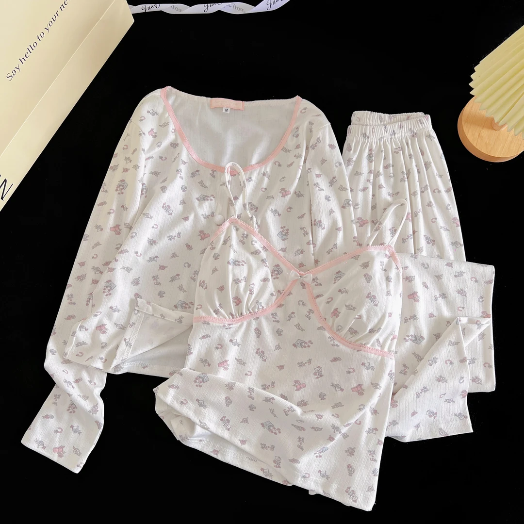 【梦境花语】莫代尔棉睡衣女款爆款2025新款甜美三件套带胸垫家居服