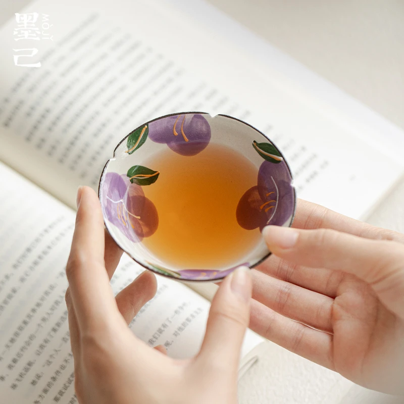 墨己粗陶手绘山茶花主人杯陶瓷茶杯功夫茶具家用花口杯普洱杯