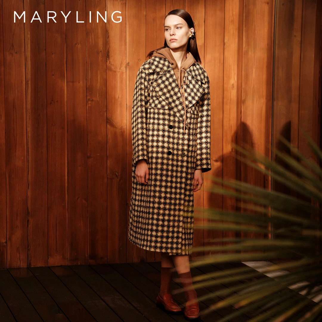 MARYLING玛俪琳2025秋季新品优雅撞色复古格纹翻领大衣A1FGW93420