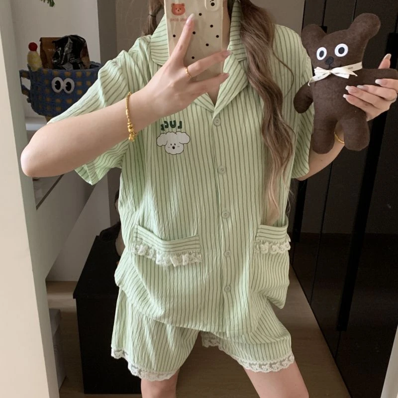 睡衣女夏季短袖翻领开衫新款可爱条纹宽松夏天短袖薄款家居服套装