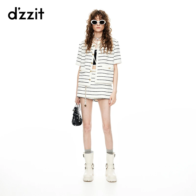 dzzit地素短外套夏季小香粗花呢条纹设计短袖上衣女3I2F4262B