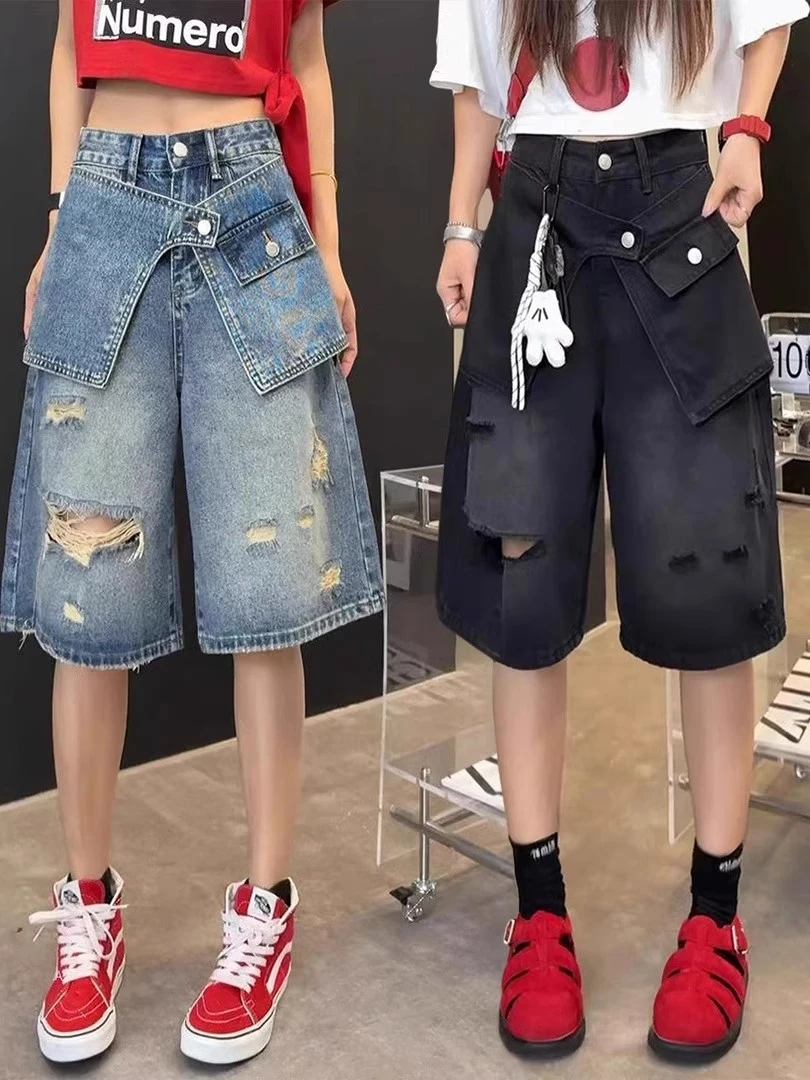 2025夏季薄款大码女装假两件破洞五分牛仔裤显瘦高腰胖妹妹阔腿裤