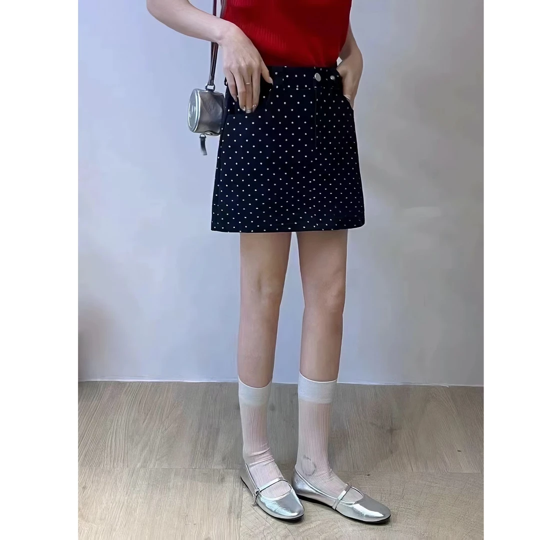 Oddnes Miu系女士 波点显瘦半身裙女A字裙百搭高腰休闲牛仔短裙