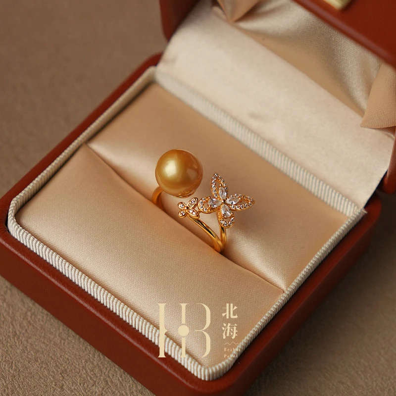 海水南洋金珠戒指10-11mm正圆浓金色开口可调节S925银戒双蝴蝶款