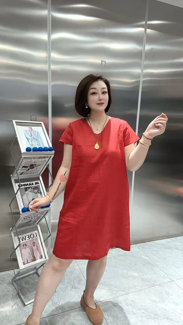【聪姐推荐】9569时尚轻奢蝴蝶结包袖亚麻连衣裙（裙长101，胸围124）