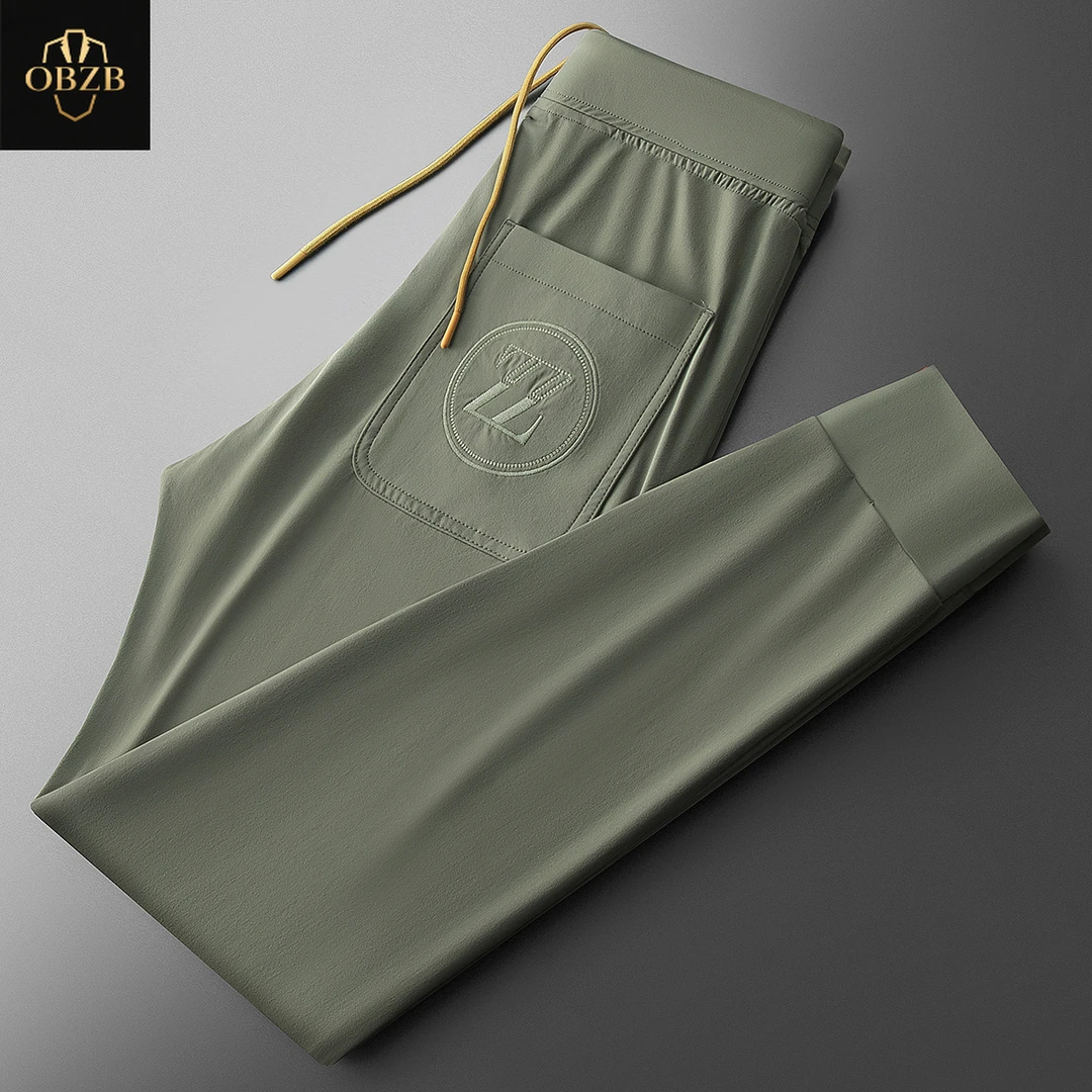 夏季高端轻薄冰丝抗皱运动裤撞色刺绣男士小脚卫裤轻奢休闲裤男款