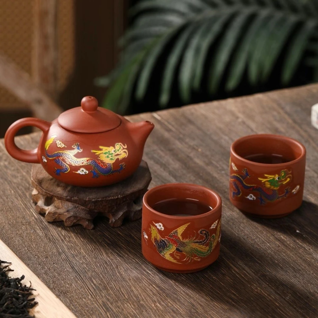 龙凤呈祥朱泥紫砂茶壶茶杯高温遇热变色家用办公功夫茶具可养壶