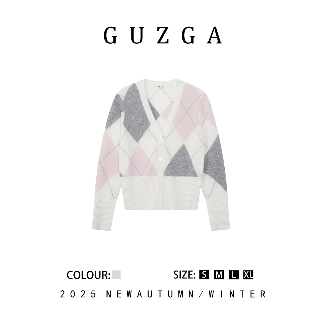 GUZGA【绝世独立】2025秋季上菱格纹针织开衫女高级小香风气质