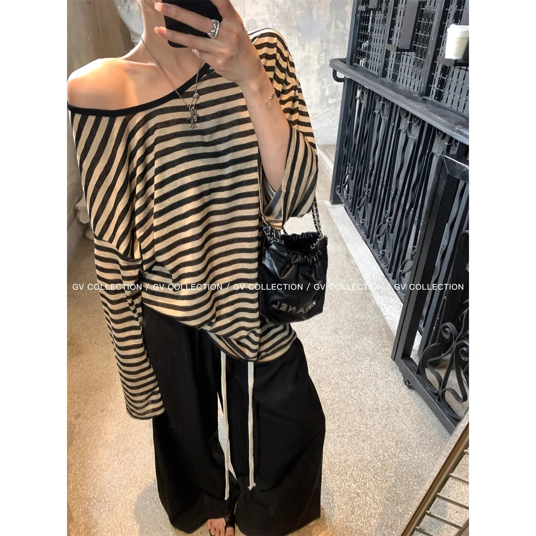 VUMP 轻薄柔软 松弛慵懒感韩系U领条纹防晒T亲肤长袖宽松上衣春夏
