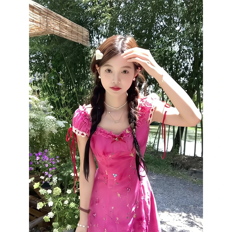 裙子夏天连衣裙多巴胺吸睛玫红扎染刺绣海边沙滩度假甜美长裙子