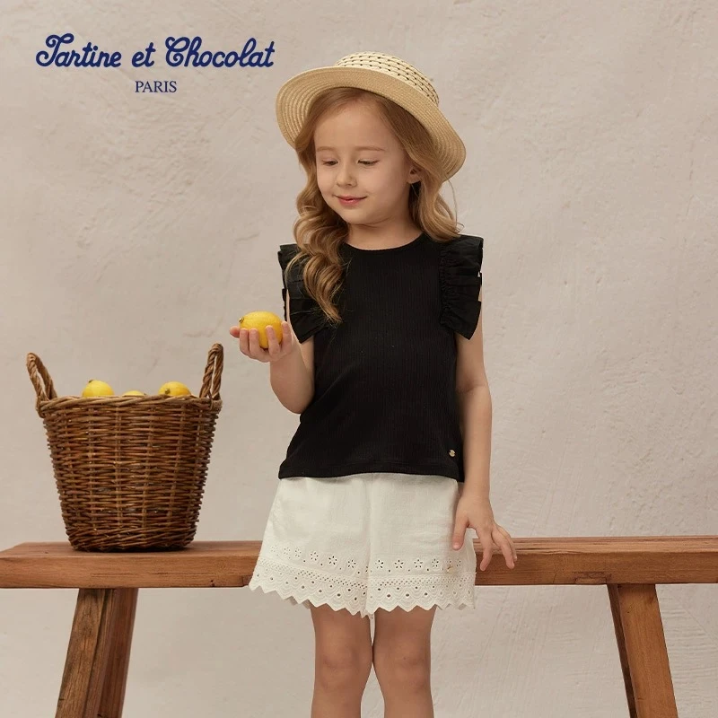 TC法国巧克力童装25夏季新款女童圆领花边无袖T恤CIRAF3641A