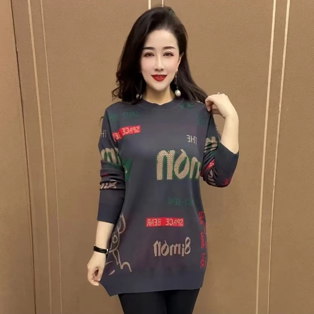 2025冬季新款时尚气质妈妈宽松显瘦毛衣洋气提花烫钻保暖针织衫女