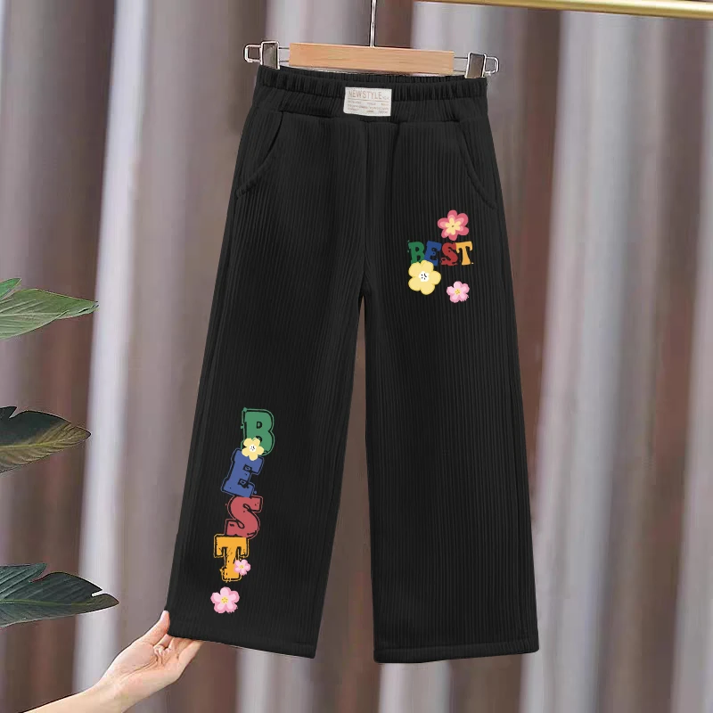 秋冬保暖新款儿童灯芯绒阔腿裤中小童加厚过冬卡通印花百搭长裤