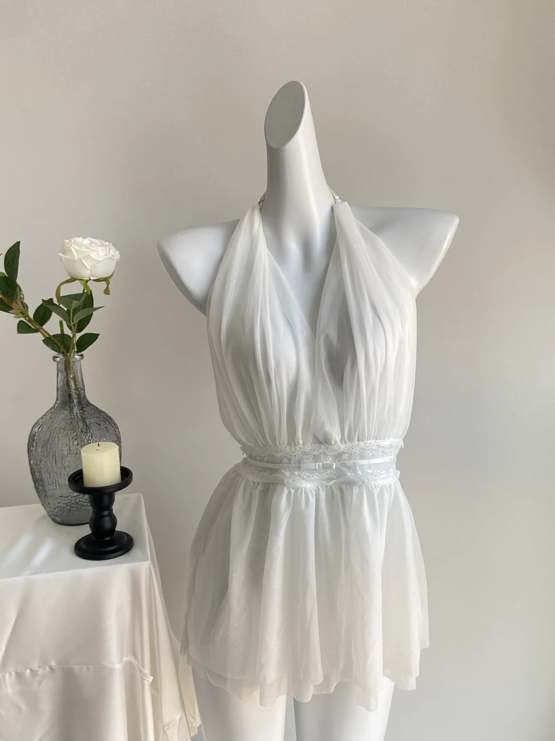 挂脖深V性感双层网纱裙摆性感睡裙薄款居家