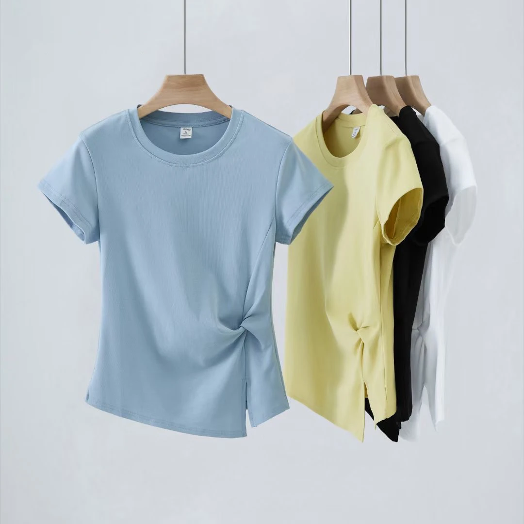 不规则T恤抽褶下摆开叉遮肉显瘦遮肉洋气衣服女圆领短袖小众女装