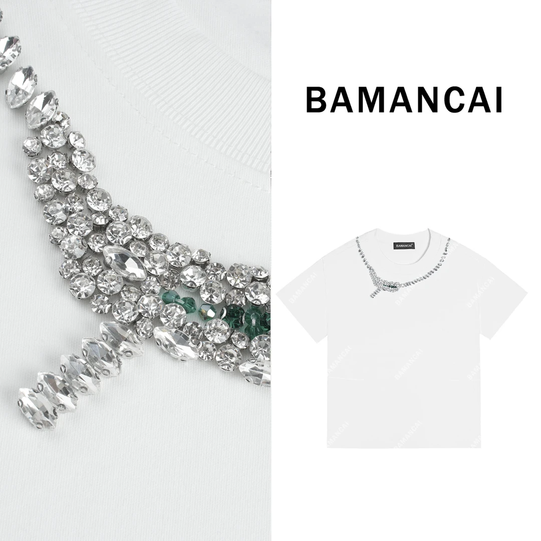 Bamancai-设计感海洋之心新款重工钉珠钻蛇头别致绝美T恤上衣女