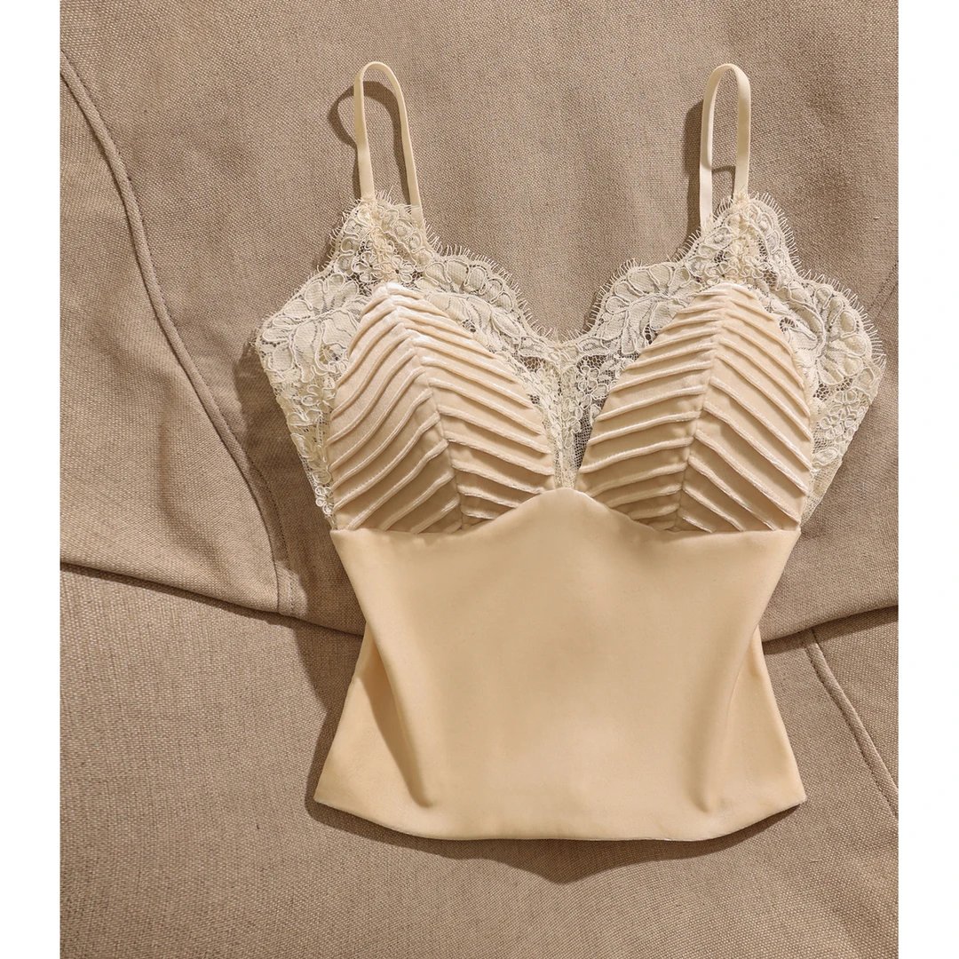 法式蕾丝吊带背心女丝绒轻奢小众显瘦带胸垫内搭性感抹胸上衣打底