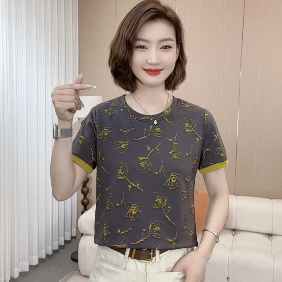 夏季圆领极简风吸汗花色短袖T恤女士半袖宽松显瘦妈妈装上衣P839