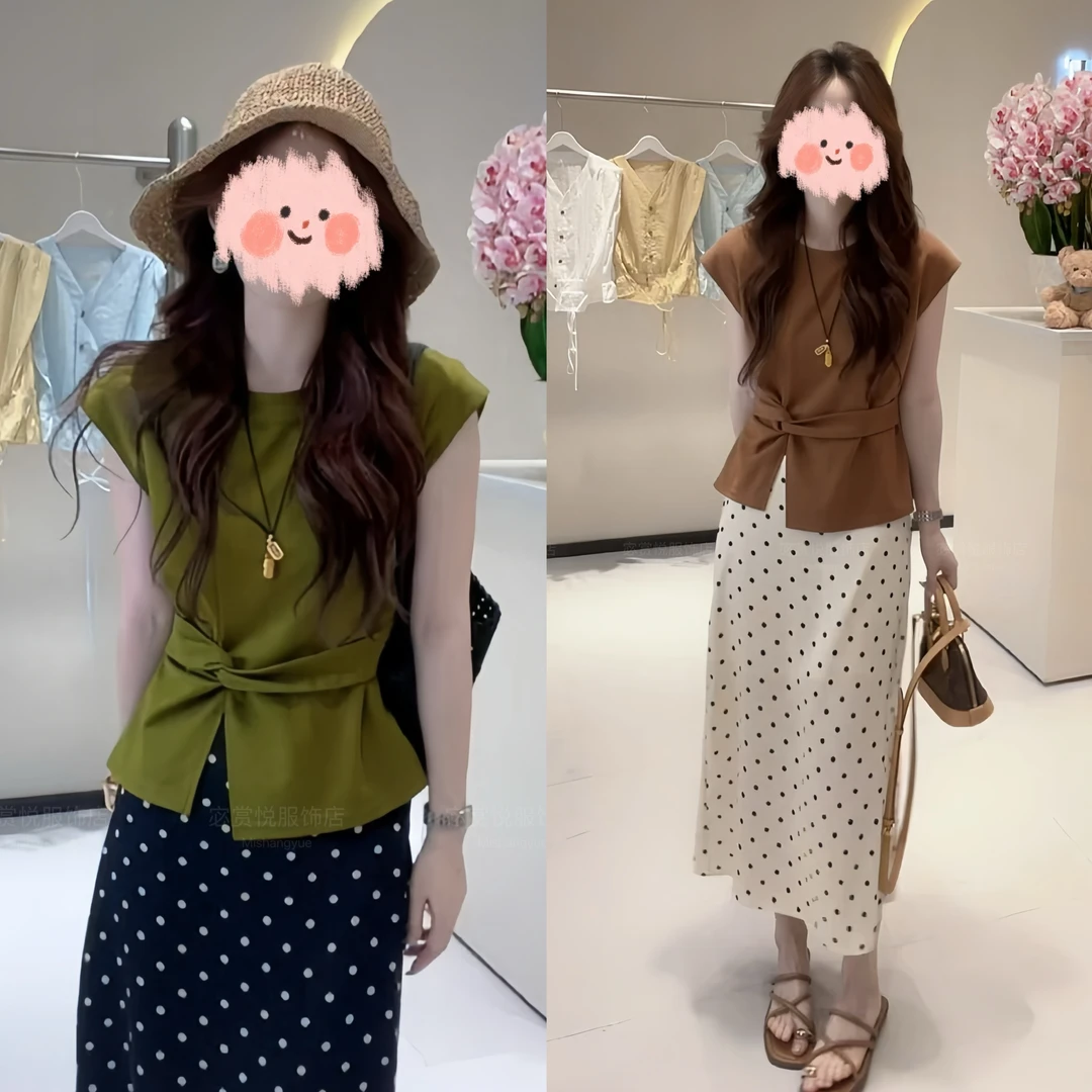 2025夏季时尚洋气扭结开叉下摆短袖上衣百搭波点半身裙气质套装女