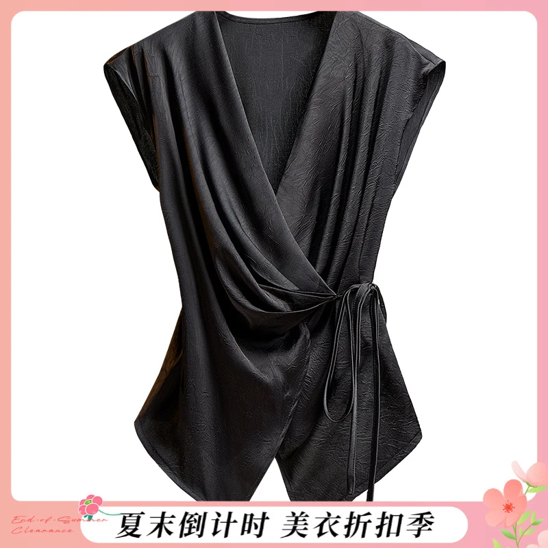 丝柏舍2025夏季新款女装时尚系带纯色显瘦中长款V领衬衫S52B1771C