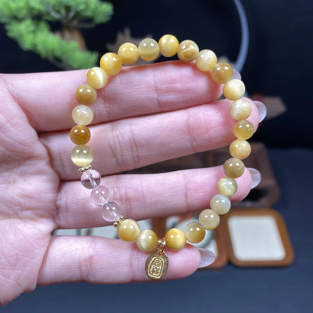 【金虎睛石6.5m+手串】A520搭配白水晶时尚百搭移动小钱袋黄色精美