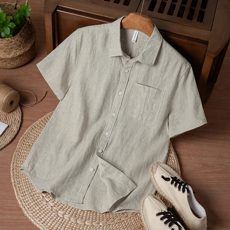 薄款中国风休闲亚麻衬衣翻领夏季衬衫吸汗男士夏装短袖废土风白色