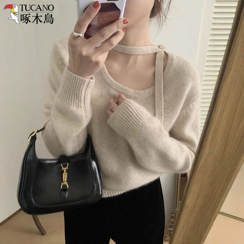啄木鸟秋冬新款v领针织衫女装流光风毛衣打底内搭韩版小个子翻领