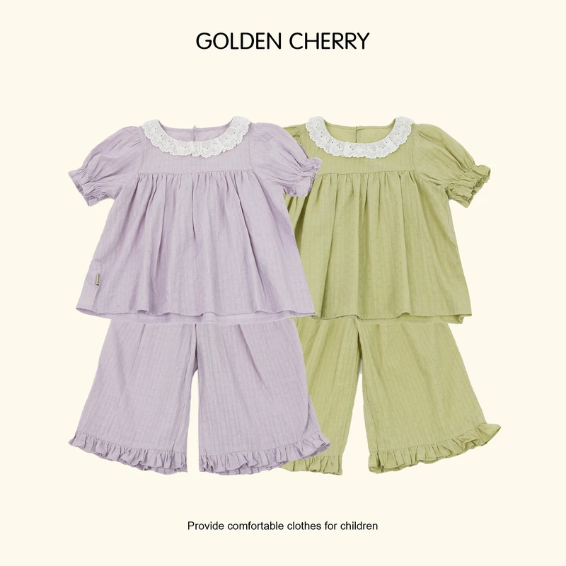 【Golden cherry】儿童蕾丝领泡泡短袖短裤套装jyt2009