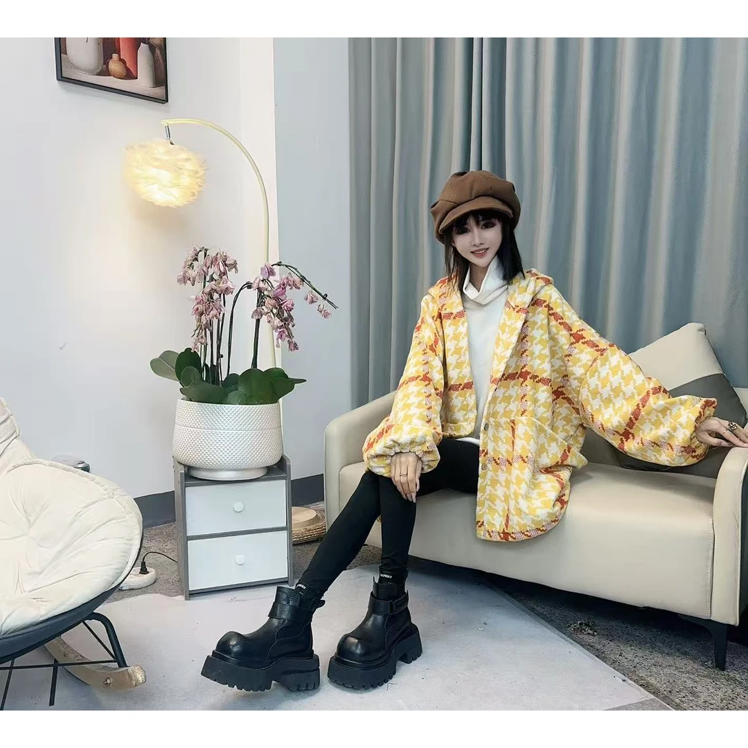 【沐木流浪记】（处女座）时尚宽松黄色千鸟格连帽四兜女装风衣外套z