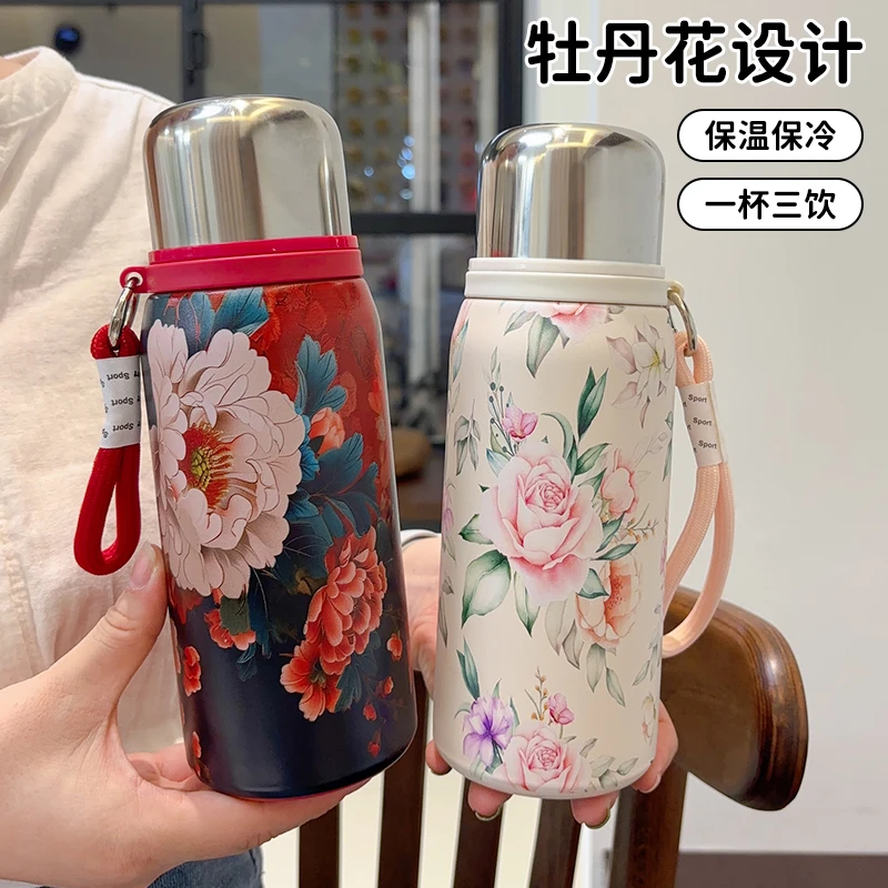 国风复古保温杯花开富贵印花保温壶316不锈钢女高颜值时尚水杯子