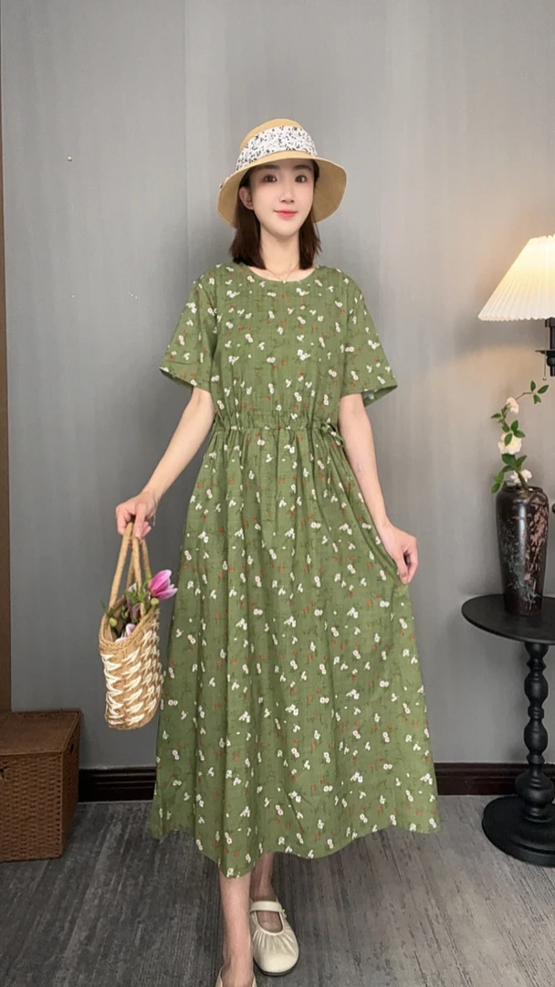 680抽绳复古透气时尚清爽气质百搭宽松显瘦大码收腰连衣裙裙子