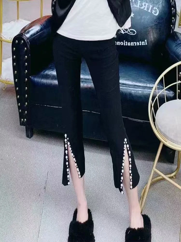 高腰显瘦九分裤黑色打珠拼接设计感微喇裤长裤03