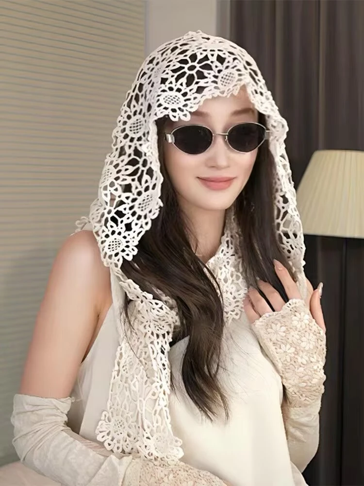 钩针镂空包头帽女休息百搭带围脖轻薄透气显脸小洋气时尚盖白发好