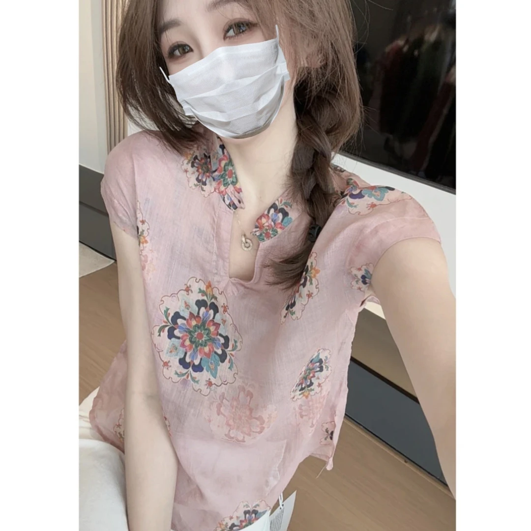 新中式V领盘扣短袖衬衫女夏新款设计感短款文艺减龄气质显瘦上衣