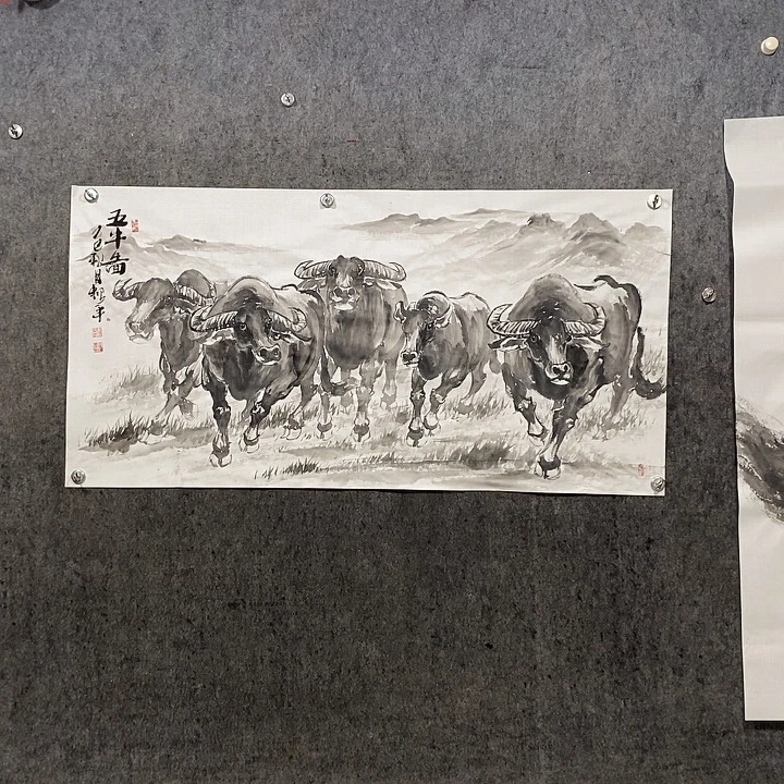 喝***肉国画四尺130:69厘米五牛图