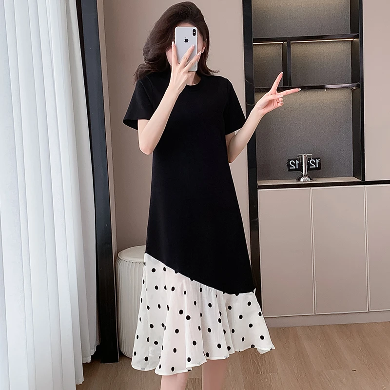 黑色波点拼接鱼尾连衣裙2025夏季新款韩版宽松慵懒风显瘦休闲裙子