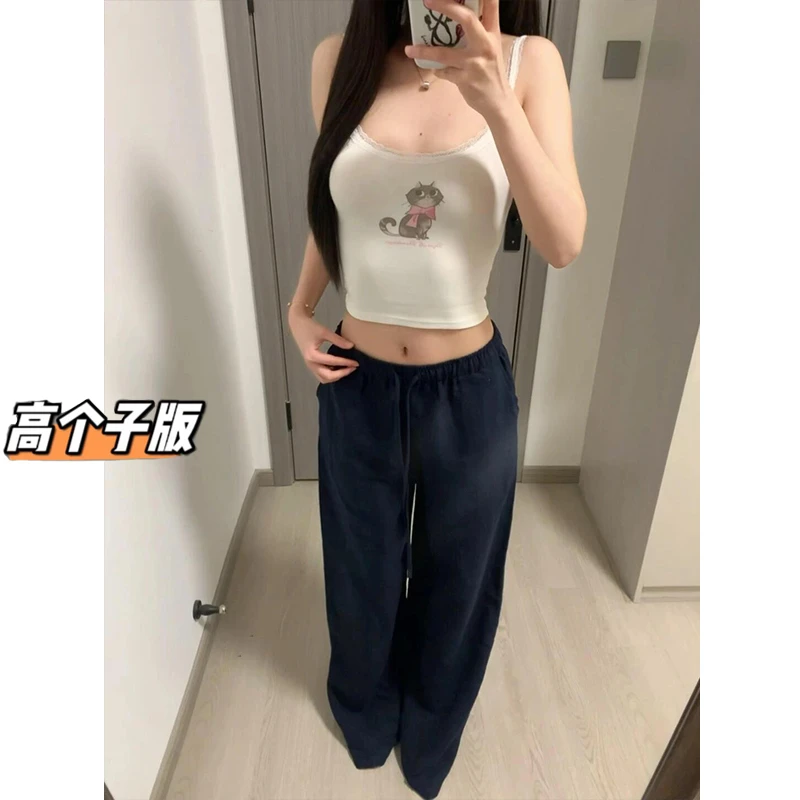 裤长112cm高个子加长藏青色亚麻阔腿裤女夏薄款老钱风直筒休闲裤