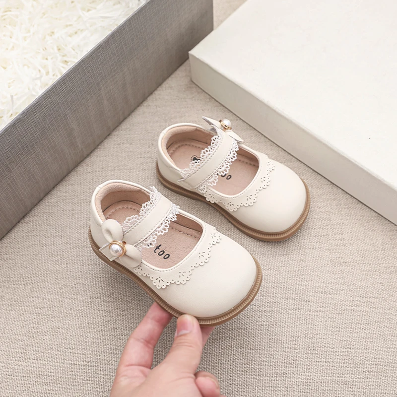汐米女宝宝公主鞋时尚优雅珍珠蝴蝶结女童皮鞋2024新款软底学步鞋