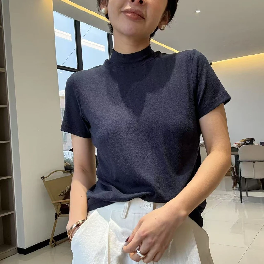 MINGGANG/名港【简洁利落】气质半高领时髦百搭短袖TX5018-1