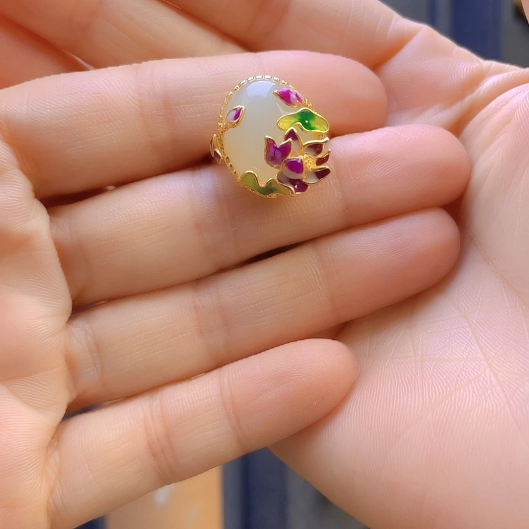 和田玉戒指银S925镀金镶嵌