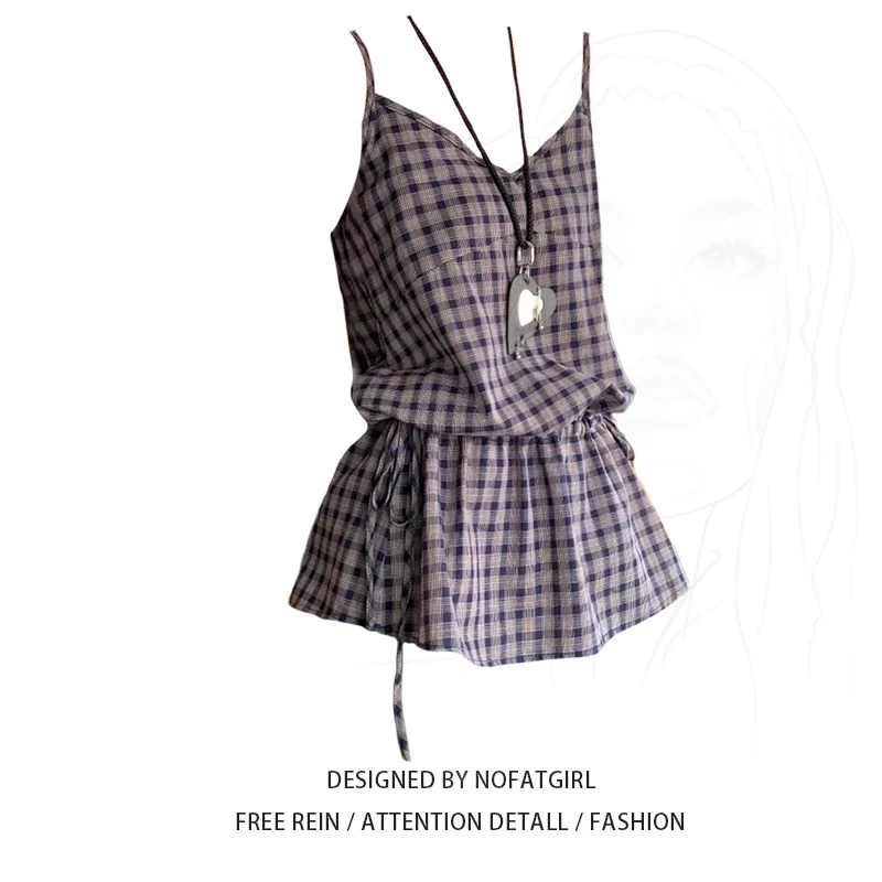 大码胖MM韩系复古格纹吊带背心女夏季2025新款收腰显瘦中长款上衣