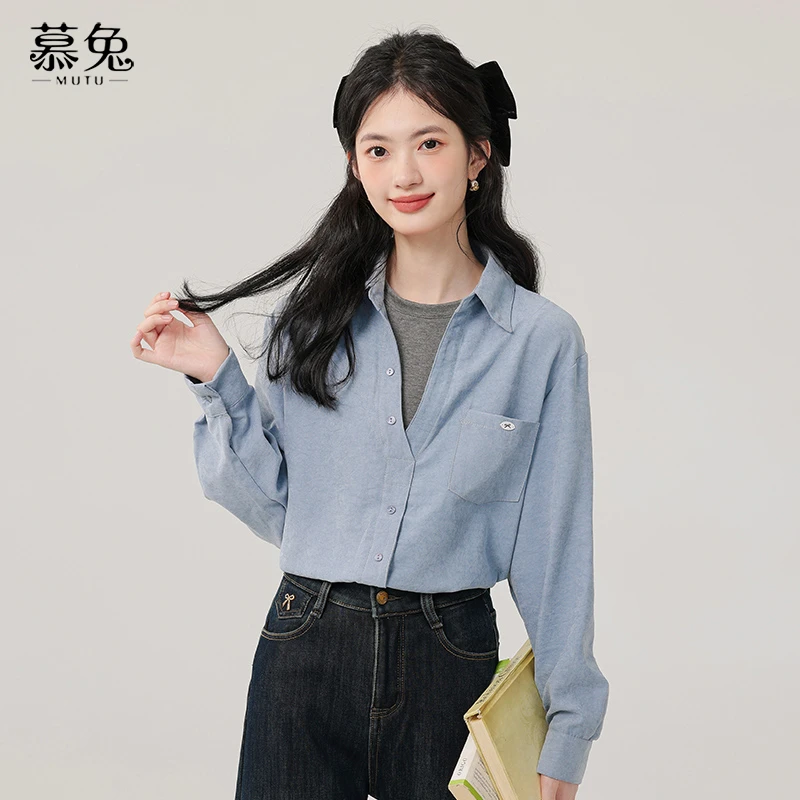 慕兔法式高级感假两件撞色长袖衬衫女2025春季新款设计感小众上衣