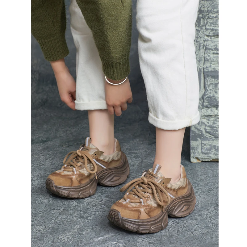 2025春季新款真皮圆头英伦风系带撞色时尚厚底休闲轻便老爹鞋