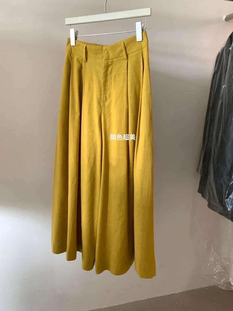 普吉岛的夏天小个子定制麻料大阔腿漂亮的黄色裤子