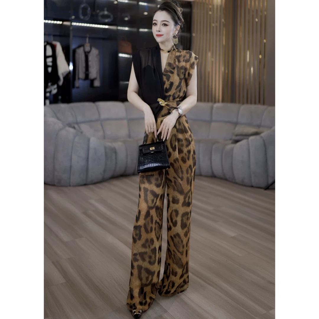 【D.M】订制款时尚气质豹纹拼接套装2298