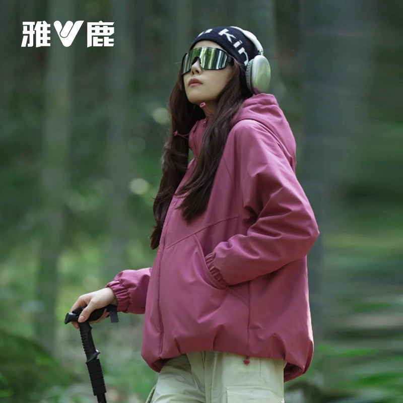 雅鹿2025双拉链运动户外羽绒服女短款百搭男女同款情侣连帽休闲